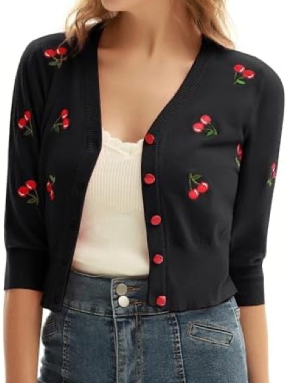 Belle Epoque Black Cherry Embroidered Button-Front 3/4 sleeve  cropped Cardigan